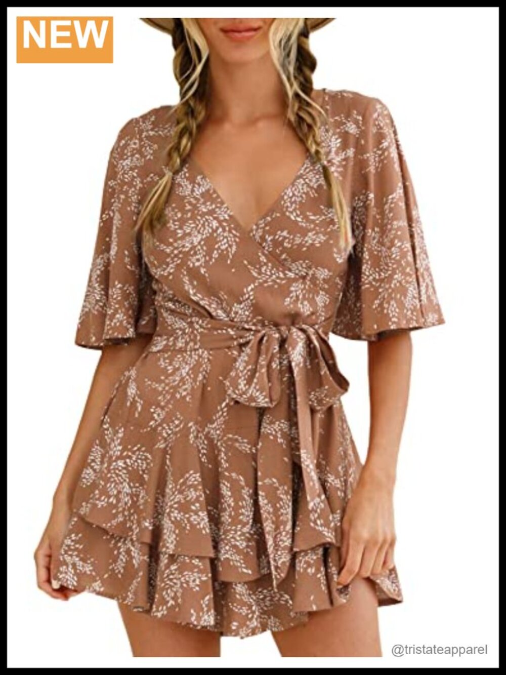 Women's Summer Romper Floral V Neck Short Sleeve Waist Tie Ruffle Hem Vacation